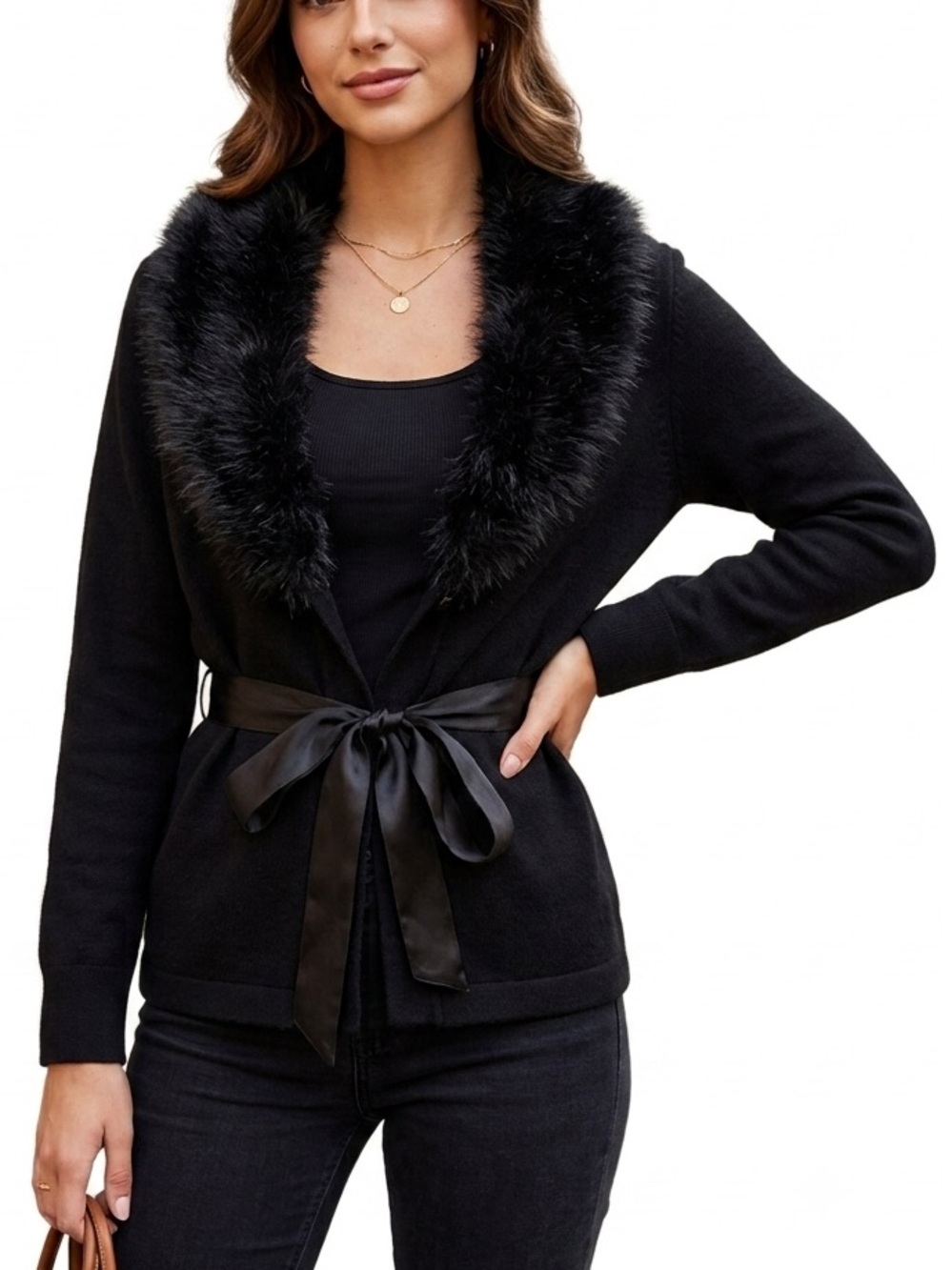 Y2K Style & Co Faux Fur Trim Satin Tie Waist Open Front Jacket Mobwife Winter MP - Picture 14 of 15